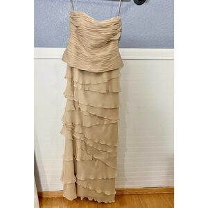 Jovani Vintage Nude Strapless Gown Ruched Bodice and Ruffle